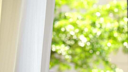 风吹窗帘窗户白色窗帘飘动阳光透过白色窗帘