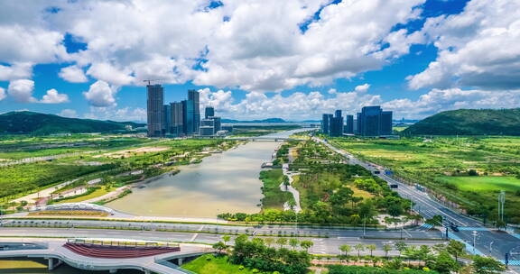 珠海横琴天沐河蓝天白云大范围延时