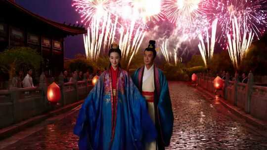 古装男女夜晚赏烟花漫步