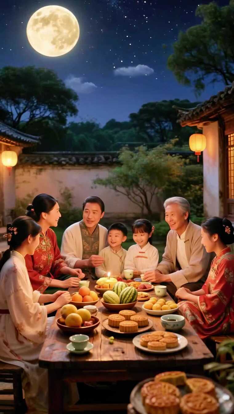 中秋节家庭庭院团圆聚餐场景竖屏