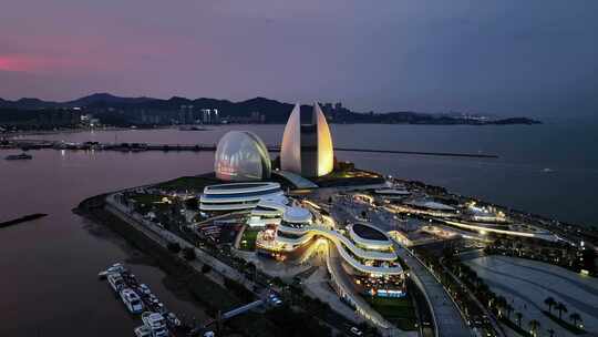 广州珠海日月贝大剧院情侣路海滩夜景航拍