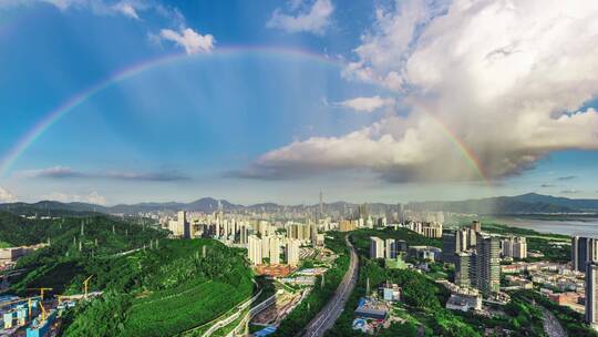 4k延时深圳市区雨后彩虹蓝天白云