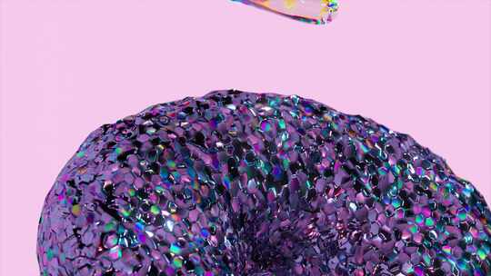 虹彩液体流到具有反射表面的纹理紫色甜甜圈