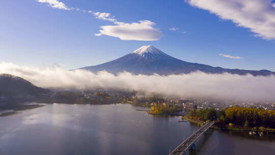 空中航拍河口湖富士山延时