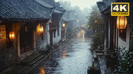 古镇水乡雨景下雨生态苏州园林烟雨江南