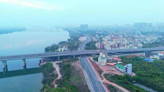 航拍春节清晨惠州城市建筑道路景观