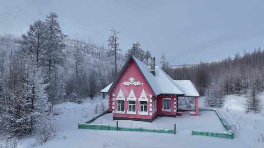 航拍林海雪原森林小屋