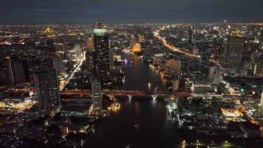 泰国曼谷湄南河城市高楼夜景航拍风光