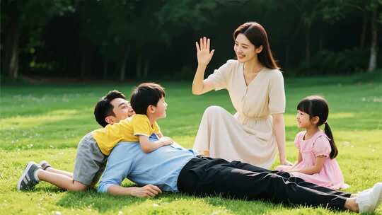 一家四口在草地互动场景