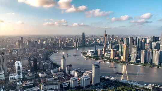 城市CBD上海外滩陆家嘴日落航拍