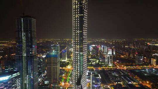 江苏苏州国金中心夜景灯光航拍