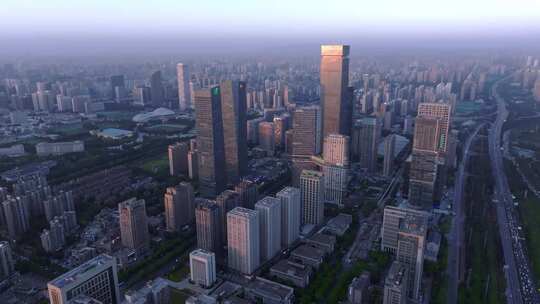 西安都市之门 高新区建筑群夕阳下