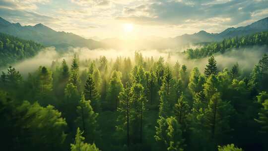 森林清晨航拍山林日出全景