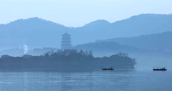 杭州西湖清晨雷峰塔山色空蒙唯美空镜合集