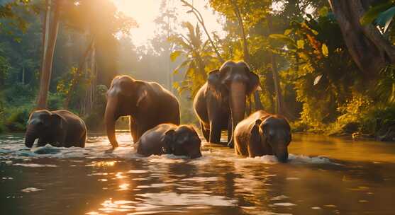 大象一家在河里洗澡