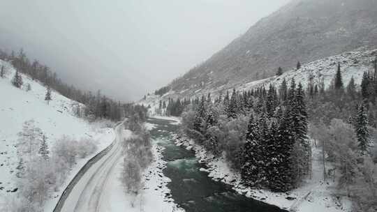 新疆冬天下雪喀纳斯航拍