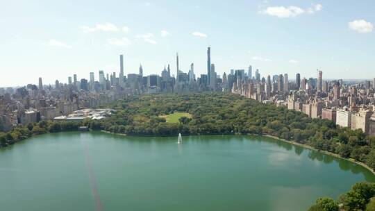 鸟瞰城市阳光明媚的中央公园湖