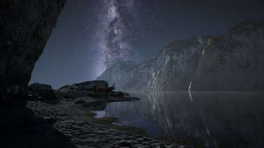 挪威罗弗敦的夜间星空与山地和海洋海滩的超