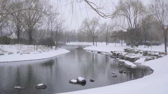 4K下雪天雪中公园河道