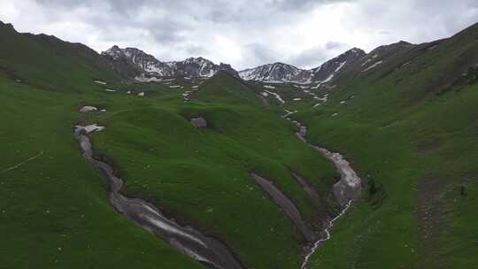 雪顶高山下的广阔草地和潺潺溪流