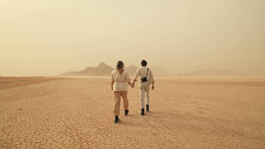 在沙漠上徒步旅行的夫妇