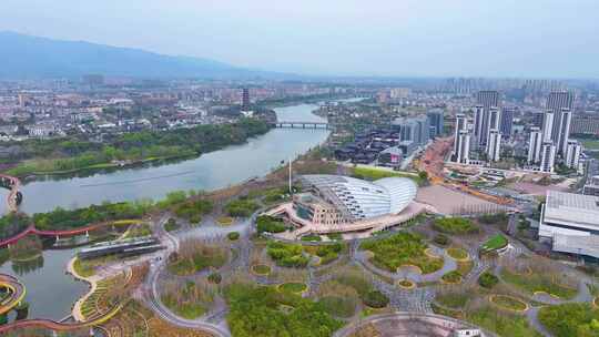 金华市婺城区城市大景全景航拍燕尾洲公园地