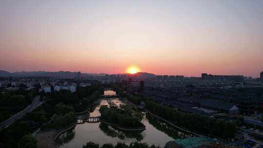 城市日落晚霞夕阳西下航拍