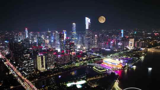 广州城市月亮夜景城市中秋节月亮升起来