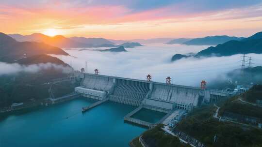 航拍云雾缭绕下的长江三峡大坝日出壮丽延时