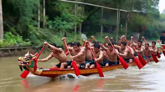 男子在河道划龙舟比赛画面