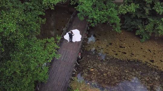 新郎新娘站在桥上航拍视频素材模板下载