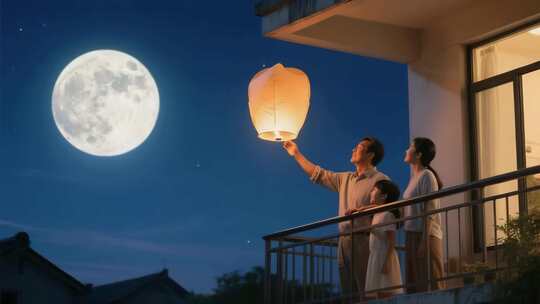 家庭阳台赏月放孔明灯