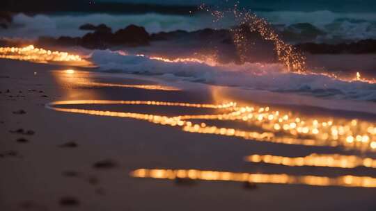 夜晚沙滩海浪闪烁光影