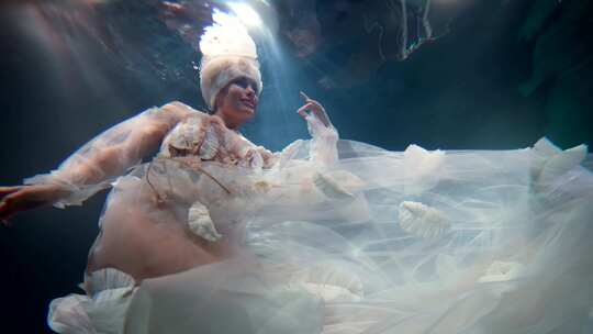 她雪白服装中的美丽创造了水下童话的幻觉视频素材模板下载