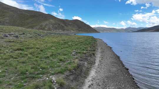 西藏羊卓雍措夏季绿色高山草原风景航拍