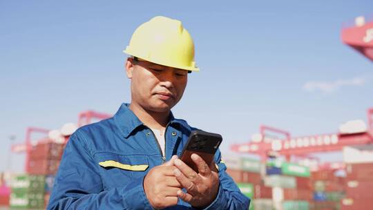 男性技术人员在货物港口码头使用手机