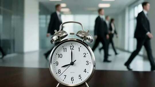 办公室内闹钟前走过的商务人士