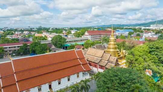 泰国清迈古城帕辛寺寺庙航拍延时风光