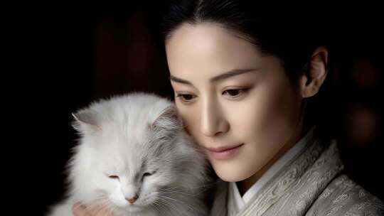 唐朝仕女怀抱白猫温柔相依的宁静瞬间