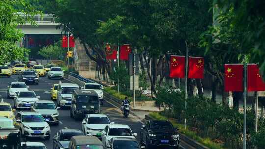 国旗街道车辆行驶