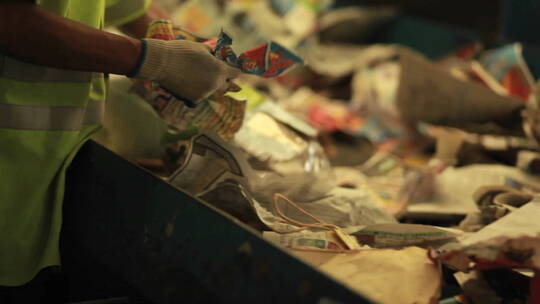 一名工人在回收中心分纸制品