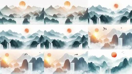 中国风山水瀑布水墨画云雾背景高清在线视频素材下载