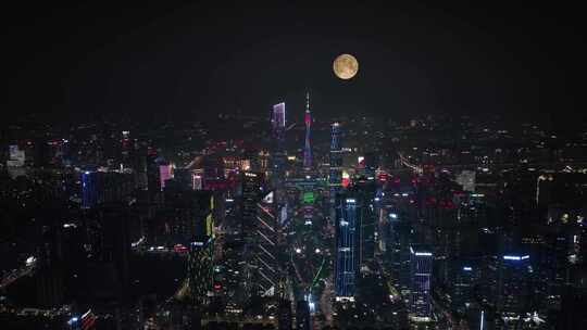 广州城市月亮延时夜景城市中秋节月亮升起来