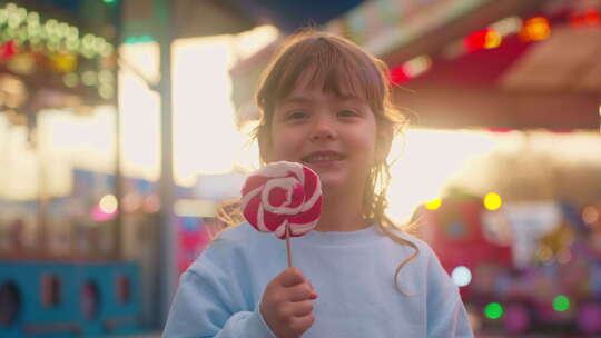 可爱小女孩吃棒棒糖在游乐园