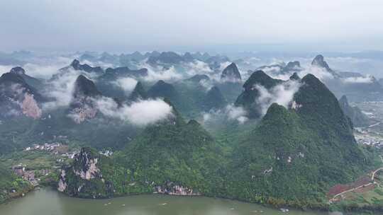 航拍桂林山水云雾视频素材模板下载