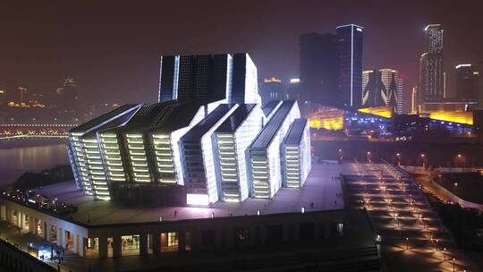 重庆大剧院夜景航拍高清素材