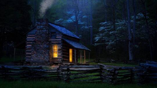 唯美大自然傍晚森林中冒着青烟的房子