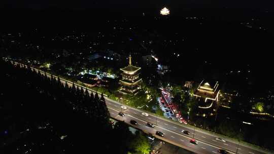 杭州城市夜幕降临夜景交通航拍