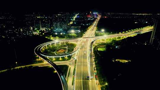 山东潍坊城市高架桥夜景交通航拍
