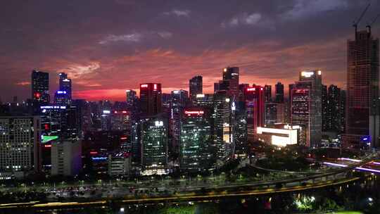 深圳南山区科技园航拍晚霞夜景